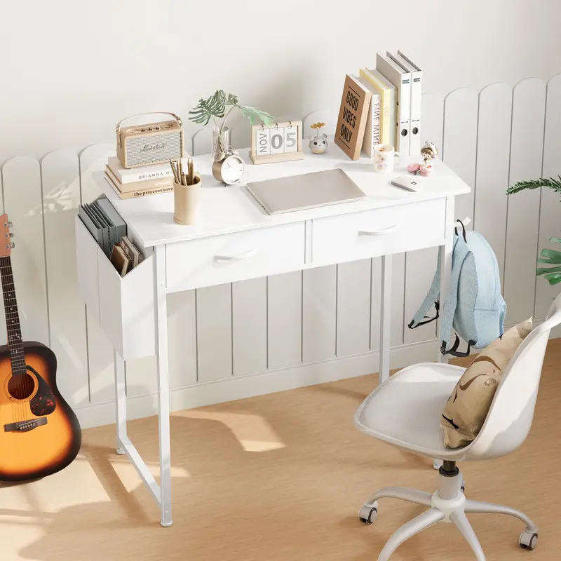 Compact 32 Two-Tier Computer Desk for Small Spaces - Modern Office Desk with Fabric Drawers & Metal Frame, Adjustable Height Legs & Accessory Hooks (Crisp White) rolling  standing  desk
