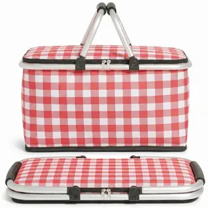 Large 30L Insulated Picnic Basket, Red Grid Collapsible Thermal Cooler Bag with Lid, Keeps Food Cold/Hot for Hours, Heavy-Duty Basket for Outdoor Picnics, Camping & Food Delivery
