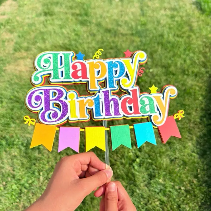 Colorful Happy Birthday Cake Topper | 3D Glitter Birthday Cake Decoration
