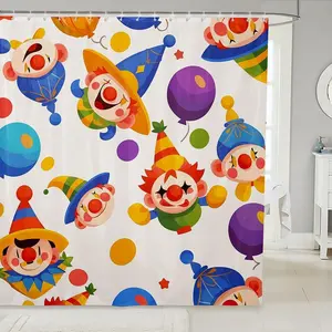 Cartoon Clown Shower Curtain, Funny Circus Bathroom Curtain, Rainbow Polka Dots Bath Curtain, Colorful Balloon Bathroom Accessories