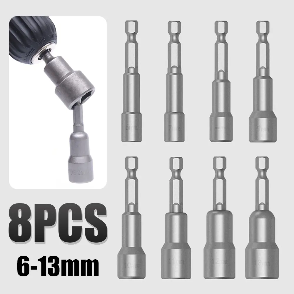 8Pcs 6-13mm Magnetic Nut Driver Impact Sockets Set 1/4 Inch Hex Shank Electric Nut Wrench Driver Power Hand Tools