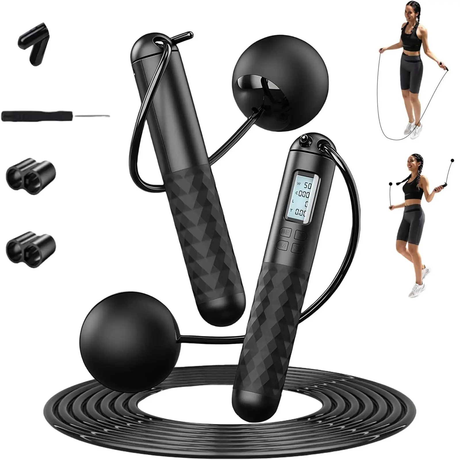 Skipping Ropes for Adults -Cordless Counter Jump Rope with Large Cordless Ball-Weighted Jump Rope for Women with LCD Display