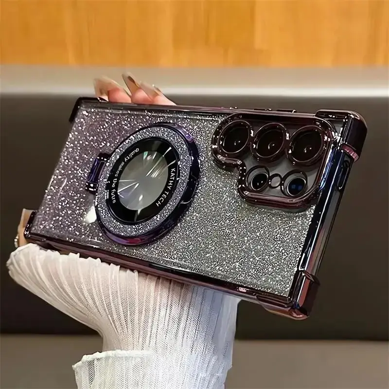Luxury Magnetic Plating Stand Shockproof Glitter Phone Case for Samsung Galaxy S26 S25 Edge S24 Ultra S23 S22 Plus S21 S20 FE A57 A56 A37 A36 A27 A26 A17 A16 Clear Cellphone Cover