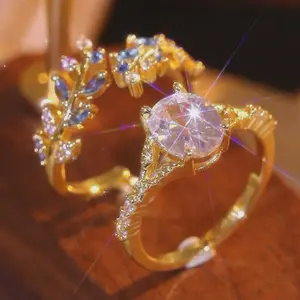 Exquisite Green Leaf Ring Set for Women - Copper Full Pavé Oval Cut CZ, Daily/Party/Dating Wear Index Finger Jewelry & Valentine’s Anniversary Couple Gift