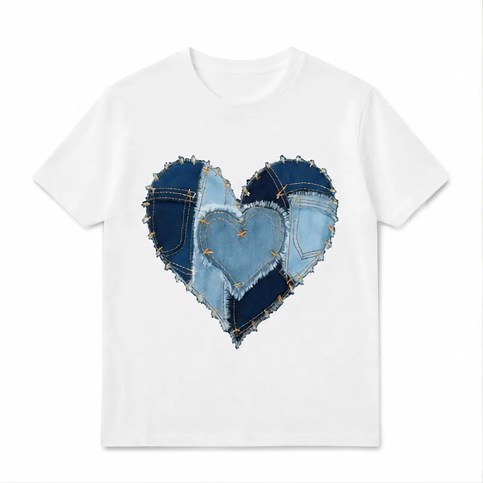 Women’s Unisex Heart Patch Graphic Short-Sleeve Shirt, Cute Love Print Casual Wear for Everyday Outfit, Sweet Gift for Women, Menswear