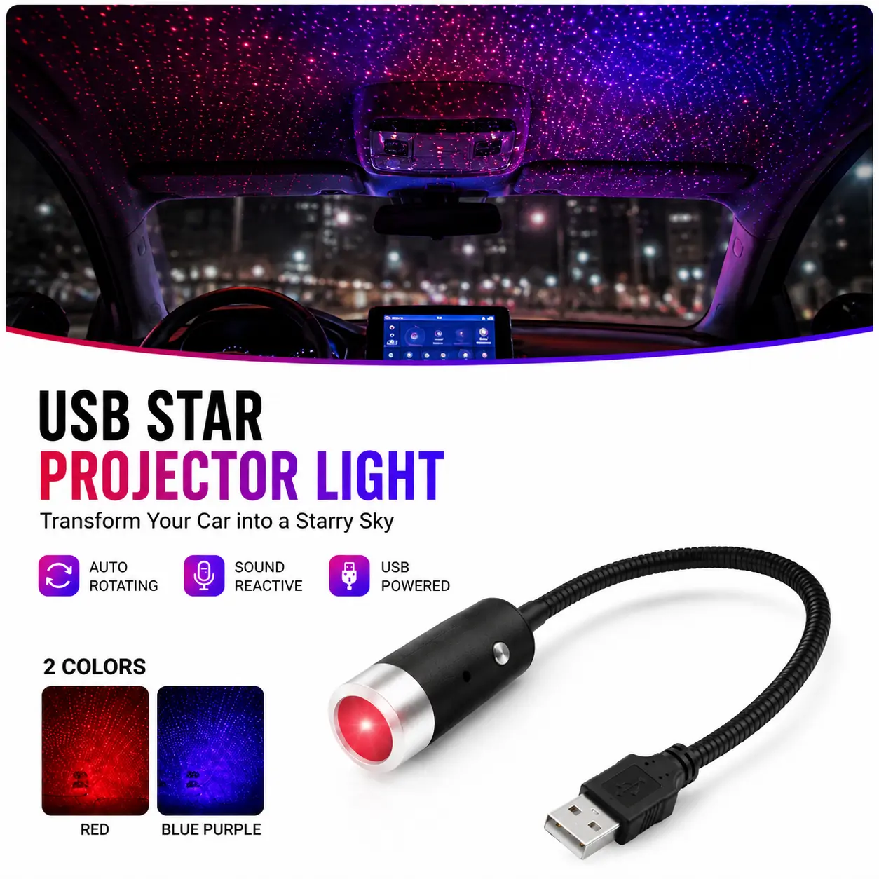 Slipuf Car Star Projector Light, USB Galaxy Ambient Light with Auto-Rotating Starry Sky Effect, Flexible Gooseneck, Red & Blue Purple for Car Interior, Bedroom & Party