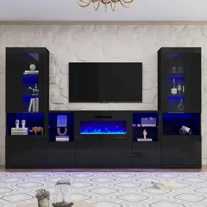 Amerlife 3-Piece Modern High-Gloss Fireplace TV Stand & Bookshelf Furniture Set, 68" Indoor Living Room Entertainment Center with 40" Fireplace, 2 Adjustable Storage Cabinets, 20-Color LED Lights, Black Glass Shelves, Living Room Decor