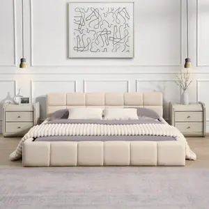 Beige Chenille Bed with Checkerboard Headboard, Modern Bedroom