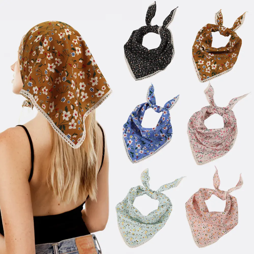 6 PCS Floral Hair Bandanas Head Kerchief Women Bandana Print Chiffon Hair Scarf Triangle Head Kerchief with Ties