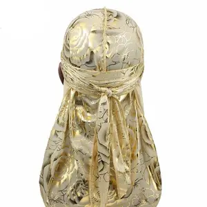 Rose Silk Durag - Gold Floral Design with Quadruple Stitch Seams & Extra Long Tail for 360 540 720 Waves One Size Fits Most Unisex