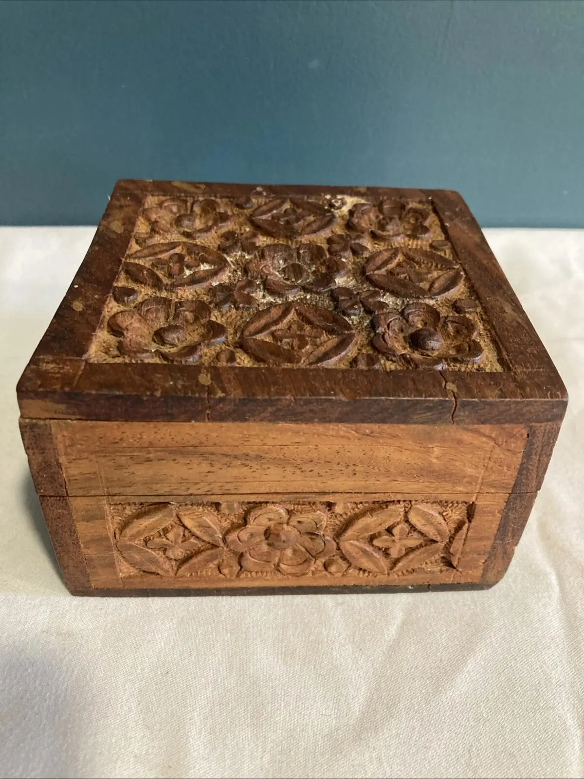 Vintage Carved Wood Trinket Box with Purple Velvet Lining – Made in India