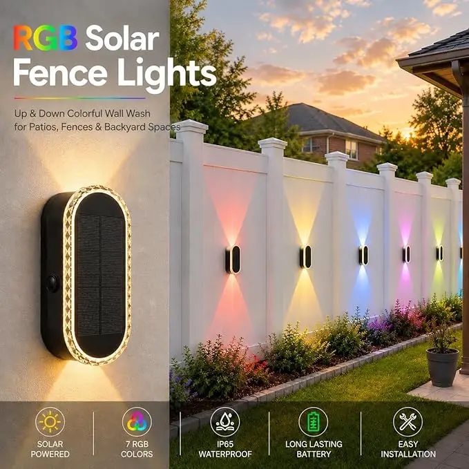DERAYSION Polycarbonate Solar Outdoor Lights - Up-Down Dual-Lens, 2/4/6/10 Packs, Warm White + 7 Fixed RGB Colors & Cycle Mode, IP65 Waterproof, Outdoor Safety Lighting, Adjustable, Patio Decor, Driveways & Backyard Landscaping Lighting