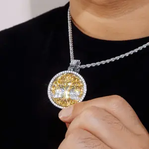 HELLOICE Iced Out Tree of Life Baguette Cut Pendant Necklace CZ Pendant with 3mm 24" Rope Chain for Men