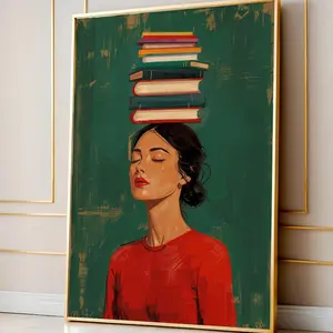 Book Lover Wall Art, Woman with Books on Head Print, Literary Decor, Intellectual Aesthetic, Digital , Reading Inspired Artwork ( Unframed - Print Only )