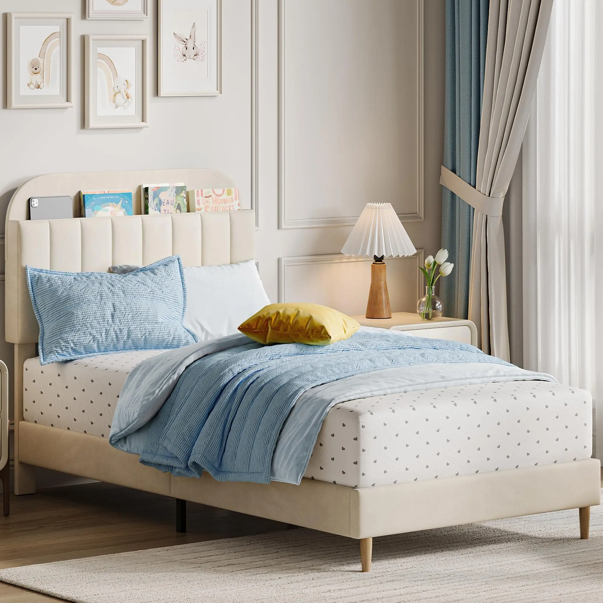 Complete bed frame with storage headboard, Velvet Upholstered Platform Bed for Kids, Girls and Teens, Strong Wooden Slats, No Noise, Easy Assembly, No Box Spring Needed