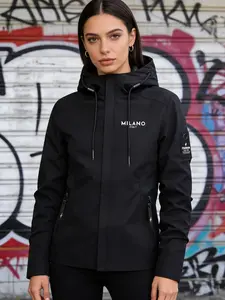 Women's Hooded Fleece Jacket Coat, Milano Letter Print, Casual Sporty Daily Wear, Comfortable Fashion Design, Fall & Winter