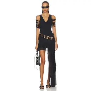 Jaded London Macrame Slashed Layered Dress in Black
