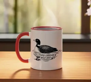 Stupid Canadian Wolf Bird Mug, 11oz Ceramic Mug, Canadian Wildlife Humor Coffee Cup, Heated Rivalry Loon Mug, Hockey Romance LGBT Mugs