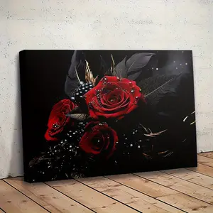 1 Piece Gothic Style Red Rose Bouquet Framed Canvas Painting - Black Feathers and Berries Gemstone Dark Romantic Floral Wall Art, Vintage Wooden Frame - Living Room, Bedroom, Office Hanging Painting - Victorian Plant Print Art - Gothic Culture and Romanti
