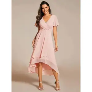 New Ruffles Sleeve Pleated V-Neck A-Line Midi Chiffon  Evening Holiday Party spring Dress Formal Womenswear Elegance 02084 Workwear Basic Minimalist Shortsleeve Ruffled Fabric Garment Elegant