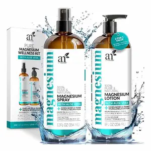 ArtNaturals Magnesium Oil Spray 12 oz + Body Massage Lotion Set 8oz for Feet & Sleep - Extra Strength Cream Ultra-Pure, Relief & Relaxation, Muscle...