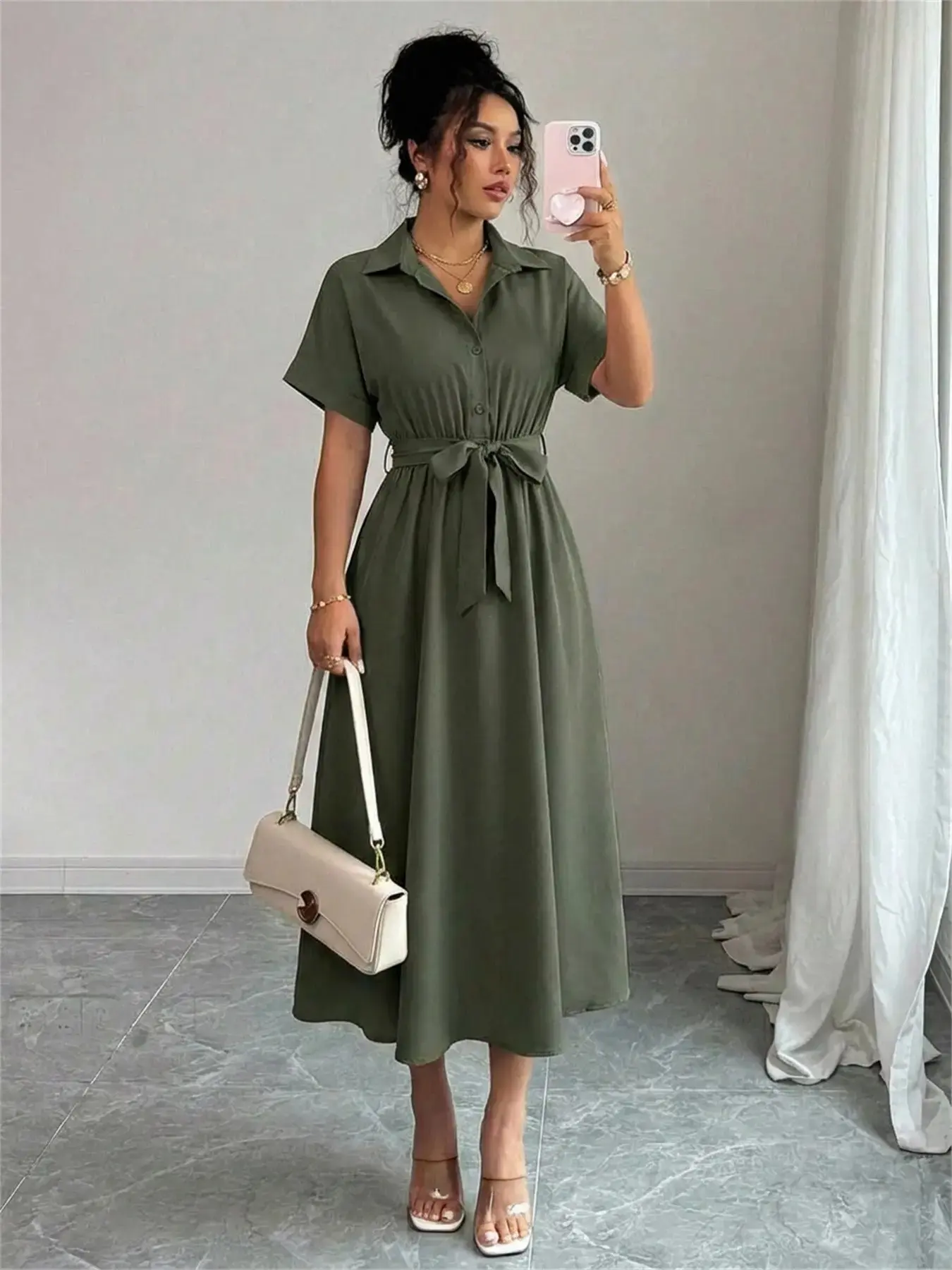 Summer Short Sleeve Lapel Casual Loose Pure Color Tie Shirt Pleated Mid-Length Dress, Women's Fashion Clothing