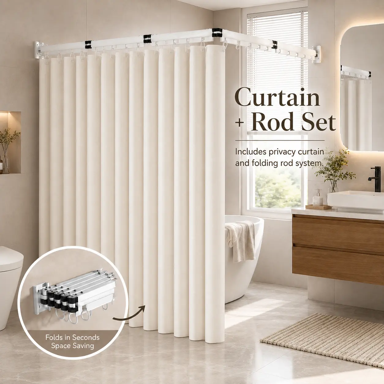 5-Fold Aluminium Laundry Shower Curtain with Wall-Mounted Telescopic Adjustable Rack - Waterproof, Hangable Privacy Divider, Space-Saving Telescopic Rod for Bathroom, Balcony, Office