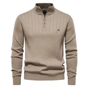 Men’s Stand Collar Cotton Sweater, Casual Half-Zip Solid Color Pullover, High-Quality Men’s Knitwear