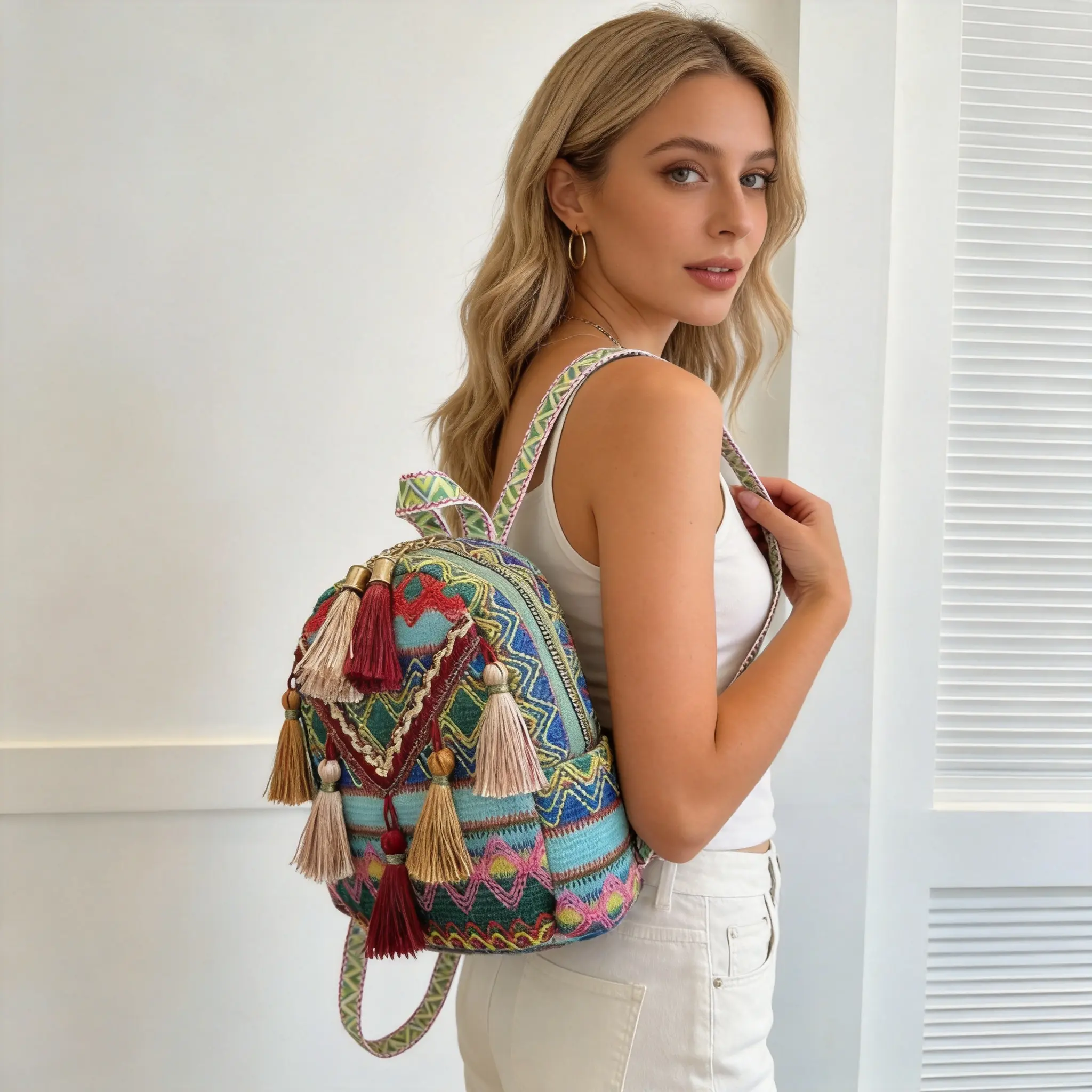 Bohemian Striped Colorful Tassel Mini Backpack - Ethnic Style Casual Crossbody Bag for Daily Travel