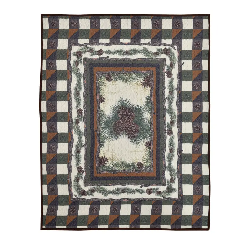 De Leon Collections 62311 60x50in Checkerboard Pattern Printed Fabric Throw Quilt Blanket - Pine Forest Pinecone Design, Multicolored Patchwork, Colorful Patched, Patch Element Features, Checkerboard Pattern Blankets, Colorful Patched Blankets