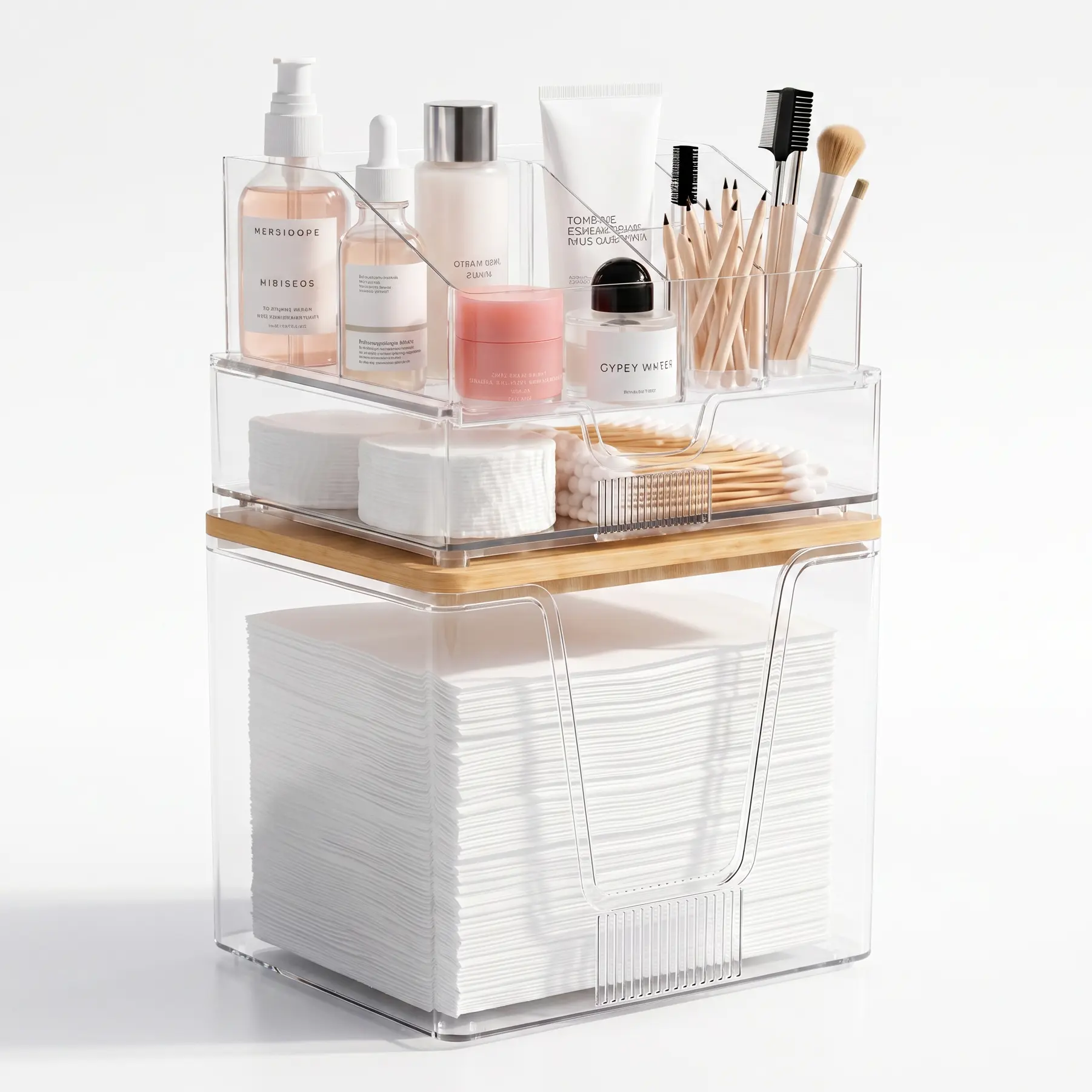 3-in-1 Clear Vanity Organizer with Bamboo Lid, Disposable Facial Towel Holder & Makeup Storage Caddy, Cotton Ball Cotton Swab Dispenser Compatible with Clean Skin Club XL Towels for Bathroom Countertop jewelry box, Minimalist, Multifunctional, Compartment
