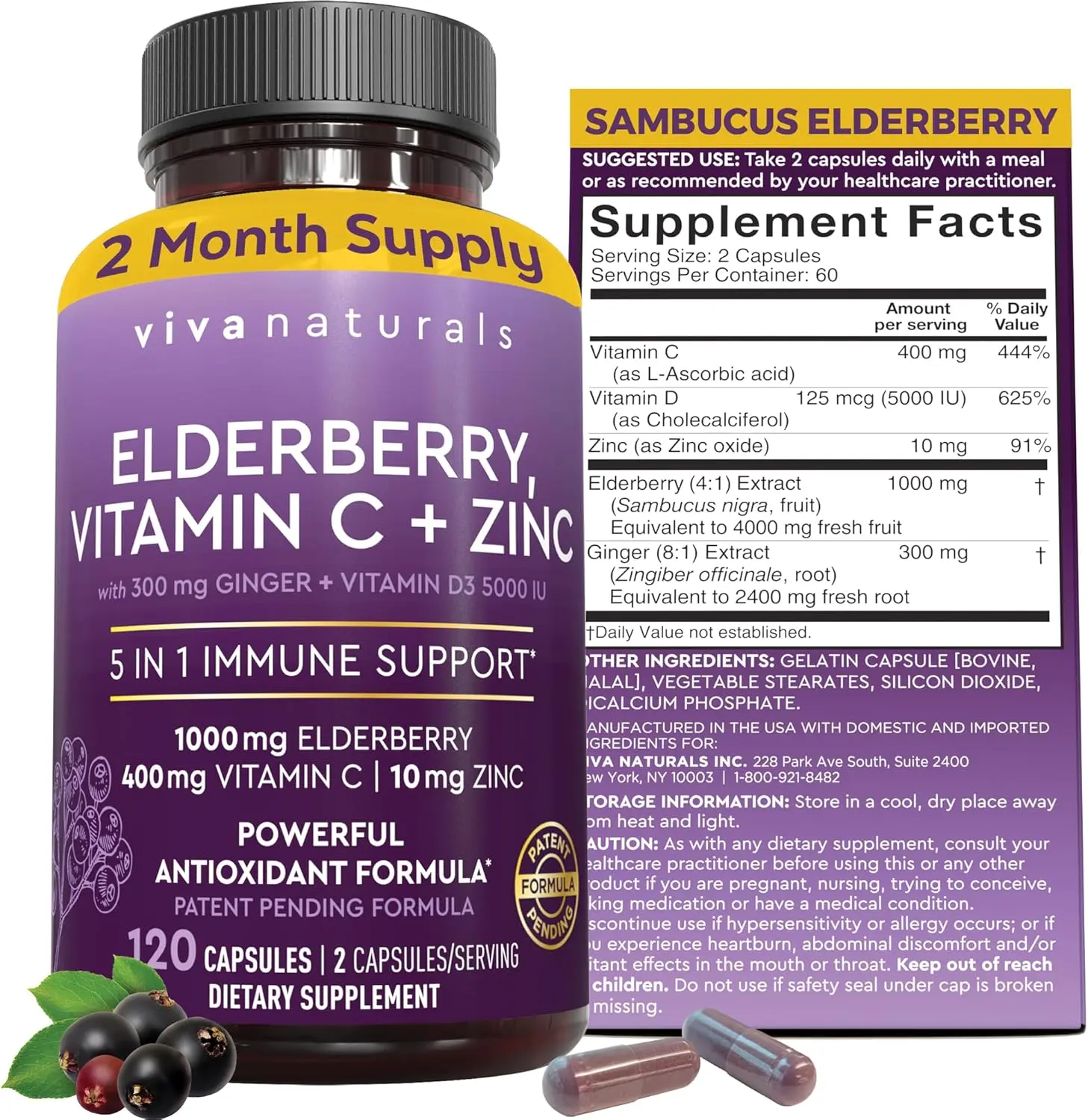 5 in 1 Sambucus Black Elderberry Capsules with Vitamin C Zinc and Vitamin D3 5000 IU High Potency Immune Support Supplement Powerful Antioxidant Defense Daily Herbal Vitamin Pills for Adults Men and Women