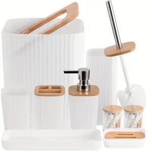 9-Piece Complete Bathroom Accessories Set, Ideal Housewarming Gift with Trash Can, Tray, Soap Dispenser, Toothbrush Holder, Cup, Soap Dish, Toilet Brush and Q-tip Holder