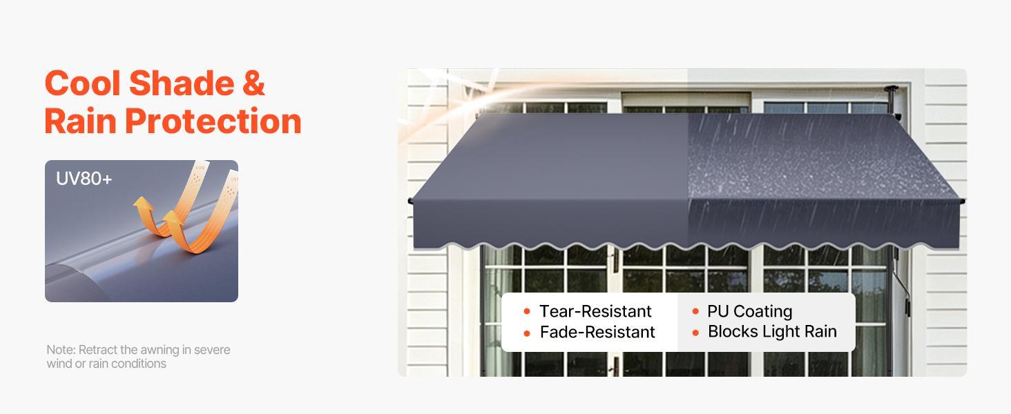 VEVOR Manual Retractable Awning, 98" Outdoor Retractable Patio Awning Sunshade Shelter, Height Adjustable Patio Door Window Canopy with Manual Crank Handle for Backyard, Garden, Balcony, Dark Gray