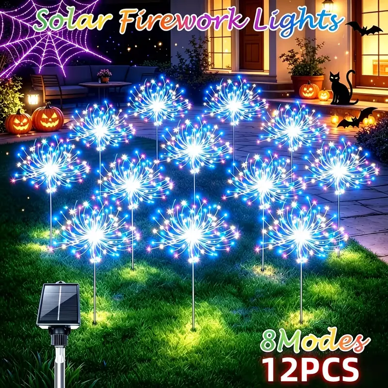 Solar Garden Lights for Outdoor Decor, IP65Waterproof 16 Pack Solar Powered Firework light，8 modes, with durable lamp posts, outdoor solar lights suitable for courtyards, gardens, pies, and Halloween decorations，Fairy Lamp