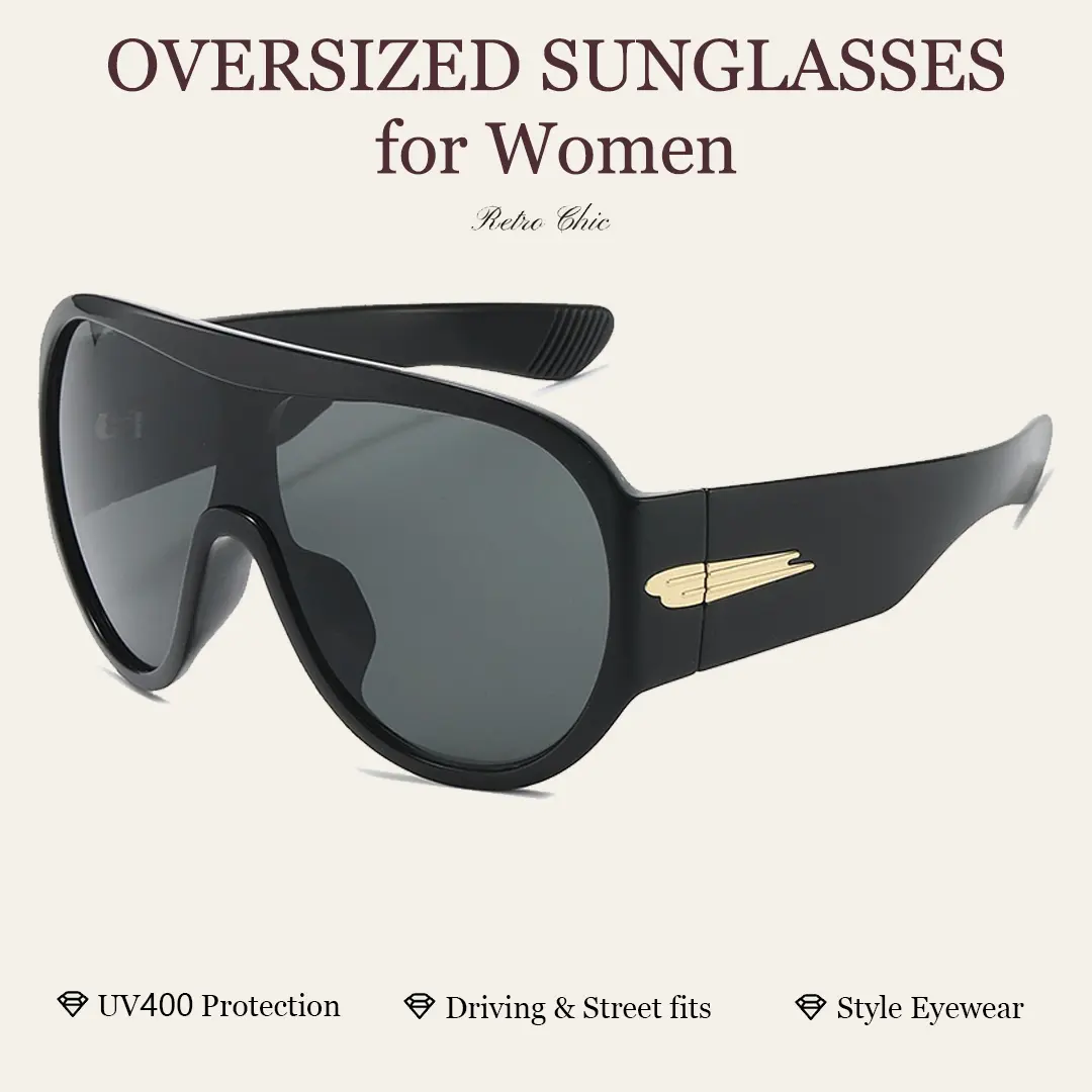 Women's Y2K Oversized Pilot Shield Sunglasses - UV400 Protection, Gold Decoration, Black Fashion Shades for Driving/OOTD, Accessories for Women