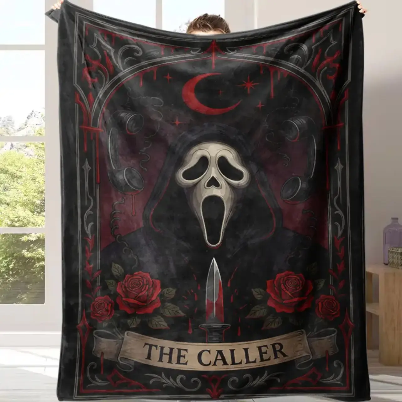 Ghostface The Caller Red Rose Fleece Throw Blanket - Scream Horror Movie Gothic Crescent Knife Art, Warm Halloween Room Decor, Office-to-Sofa Bedding, Gift for Adults, Decorative Throw Adds Instant Drama