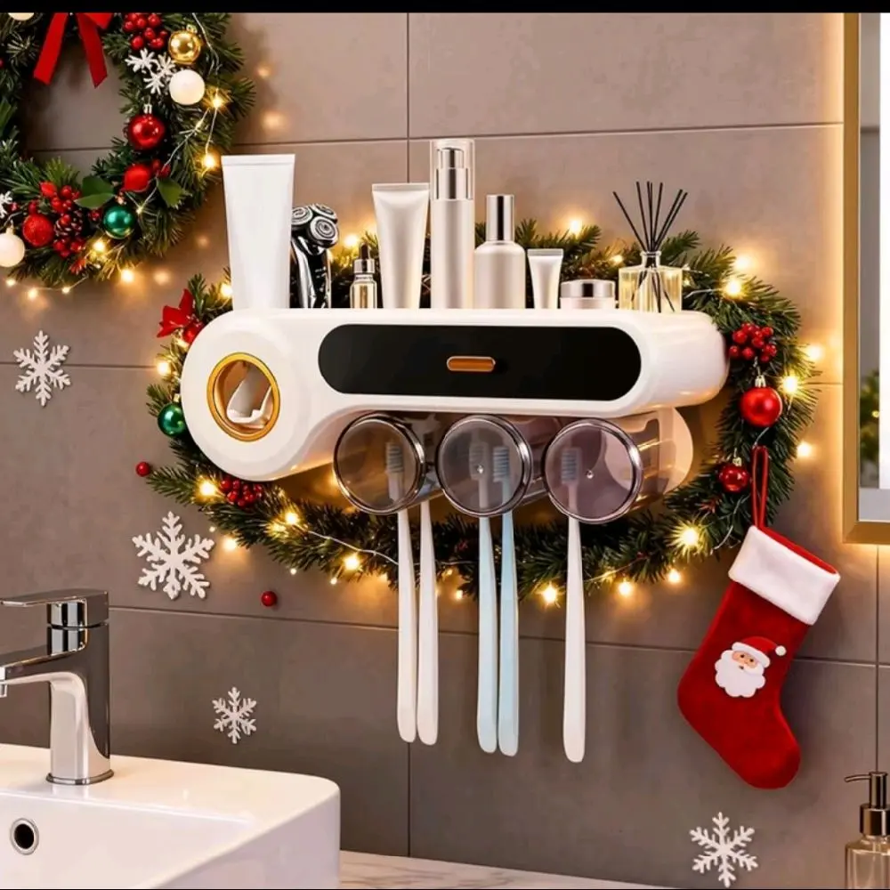 Toothpaste Dispenser-Easy Install Wall-Mounted Toothbrush Holder | Large Capacity 3 Cups | Space-Saving Bathroom Organizer with Cosmetic Drawer & Toothpaste Dispenser | No Power Required, Clutter-Free Vanity, Bathroom Decoration