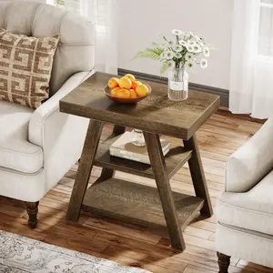 TRIBEWOOD 3-Tier Wood End Table, Farmhouse Small Couch Side Table with Storage Shelves, Vintage Sofa Side Table for Living Room, Small Wood Bedside Table for Bedroom