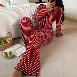 Women's Striped Pajama Set Long Sleeve Button-Down Soft Cozy Two-Piece Loungewear for Everyday Home & Sleep
