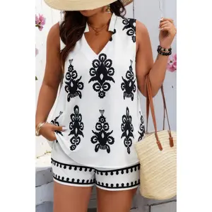 Plus Printed V Neck Loose Shirt And Shorts Set