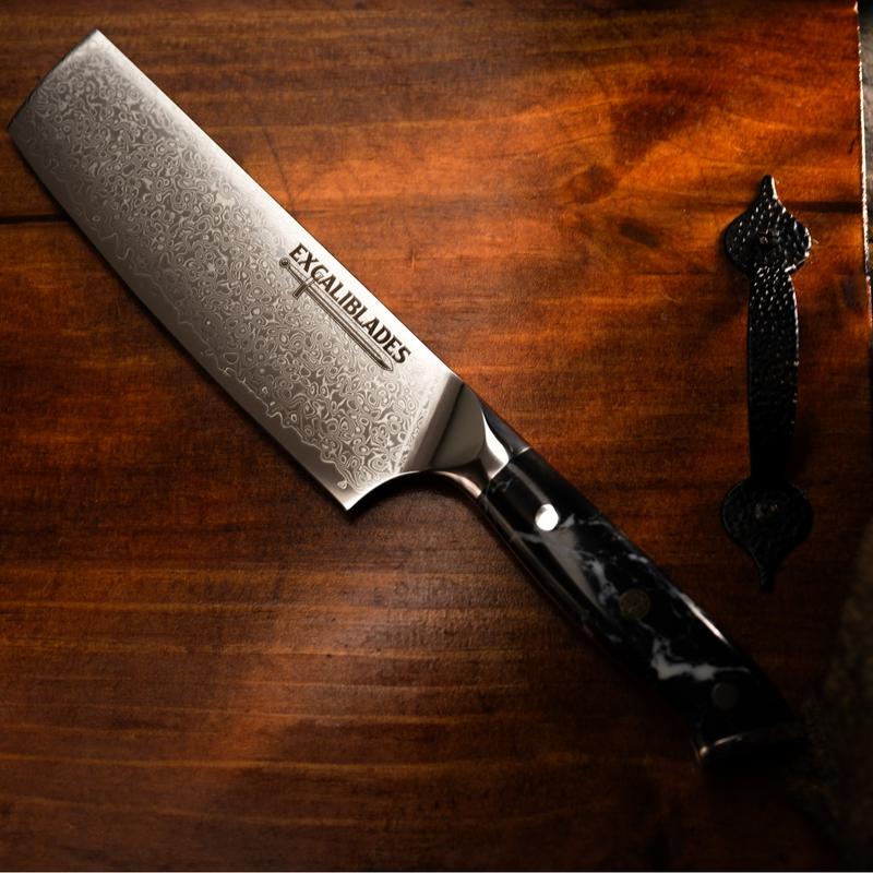 EXCALIBLADES Nakiri Knife - Stainless Steel Damascus Knife with Full Tang Handle & Black Turquoise Handle, Sharp for Meat and Vegetable Use