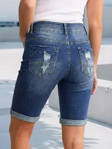 Women's High Waist Denim Shorts, Medium Wash Ripped Hem, Elastic Slim Fit Casual Commuter Vacation Shorts, Two Button Five-Quarter Jeans