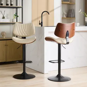 Walnut Bentwood Bar Stools Mid Century Modern Adjustable Counter Height Black Leather Upholstered 360°Swivel Bar Chairs for Kitchen Island Dining Room Cafe 1 Chair per Carton Ergonomic Gaming Vanity Chair