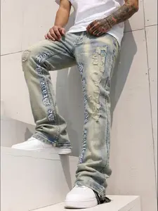 Men's Embroidered Denim Jeans, Loose-Fitting Flare Pants, Button Fly Closure, Y2K Stacked Style, All Seasons Wear, Casual Fit, Flared Fit, Distressed Flare Jeans