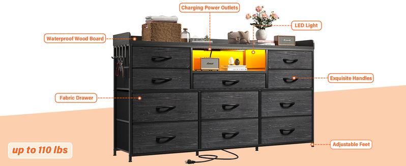 【Holiday Haul】Raybee 11 Drawer Smart LED Dresser, with Charging Station, Power Outlets, LED Lights & Shelves, Modern Storage Cabinet for Bedroom/Hallway, TV Stand for 32-55 inch TVs, Easy 10-min Assembly, Includes 4 Hooks