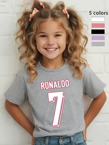 Girls' Ronaldo 7 Number Football T-Shirt, Sporty Text Print, Comfortable Breathable, Cute Cartoon Style, Casual Wear