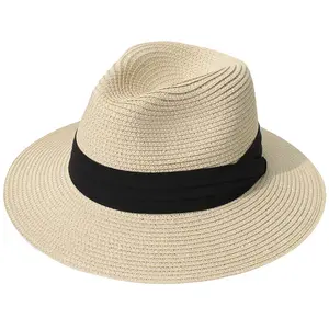 Womens Straw Fedora Sun Hat Wide Brim Panama Hat with Black Ribbon