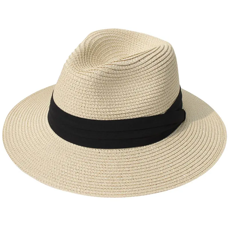 Womens Straw Fedora Sun Hat Wide Brim Panama Hat with Black Ribbon