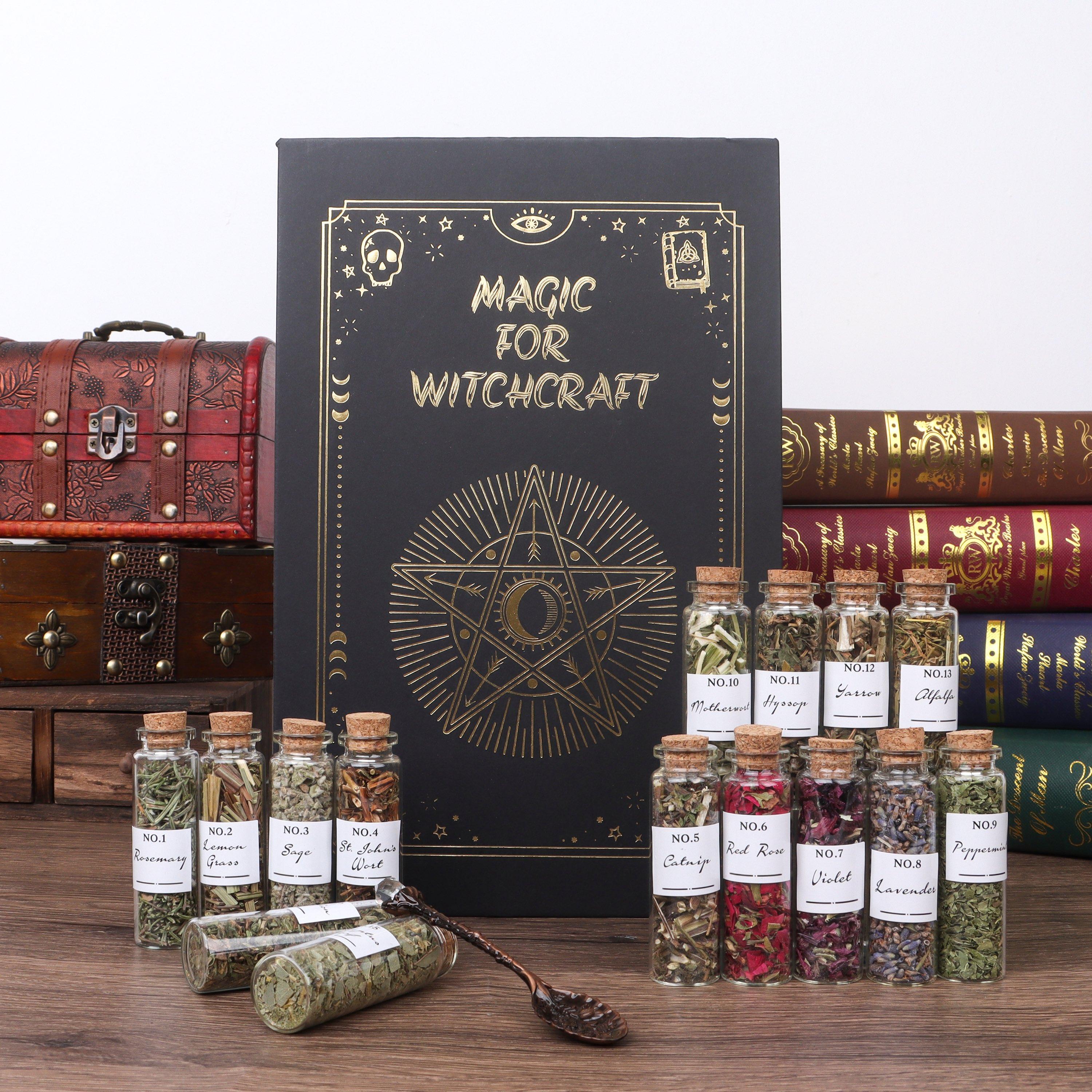 Organic Dried Herb Gift Box Kit - Wiccan Themed for Magic Rituals, Beginner-Friendly 45/30/24-Labeled Bottles Set with 1 Decorative Spoon, Includes Peppermint & 45+ Herb Options